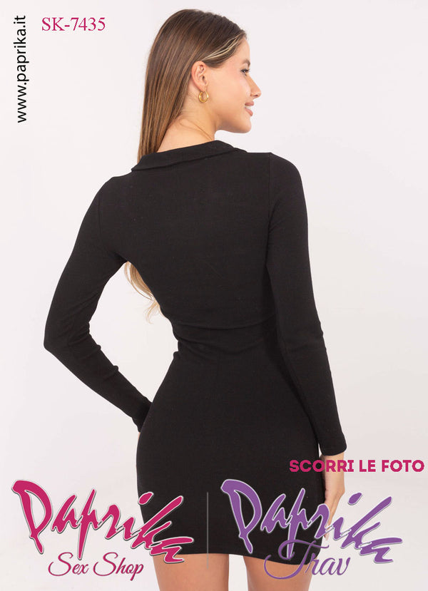 Abito Vestitino Sexy Corto Nero Maniche Lunghe Scollatura Tasche Bottoni Oro