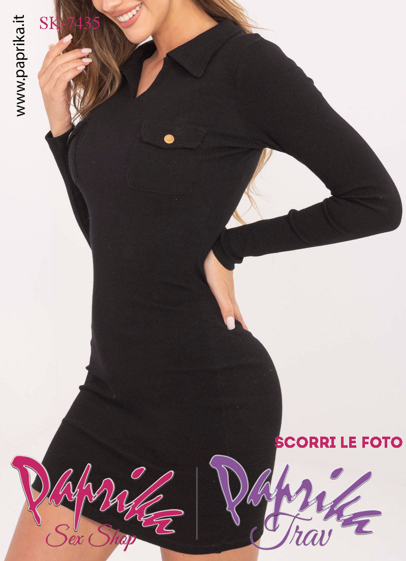 Abito Vestitino Sexy Corto Nero Maniche Lunghe Scollatura Tasche Bottoni Oro