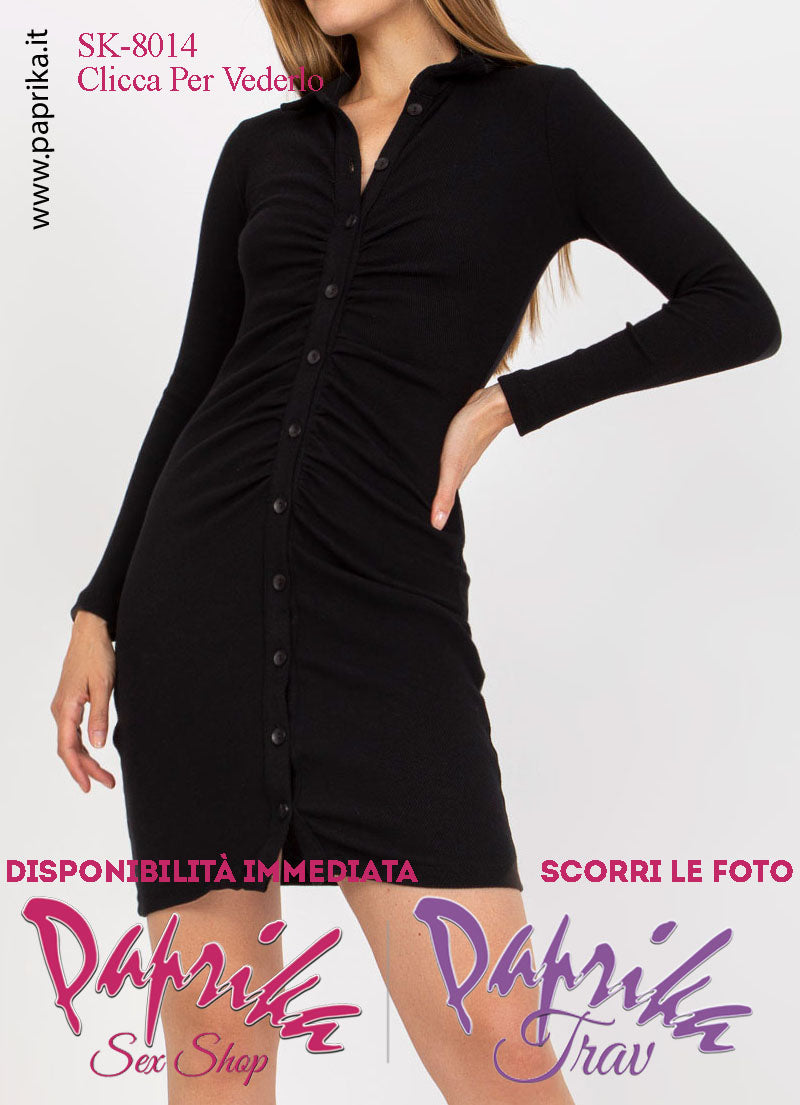 Abito Vestitino Sexy Corto Nero Maniche Lunghe Apribile Bottoni Anteriori
