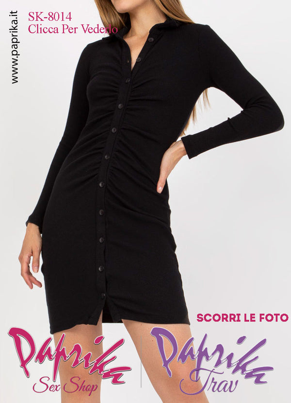 Abito Vestitino Sexy Corto Nero Maniche Lunghe Apribile Bottoni Anteriori
