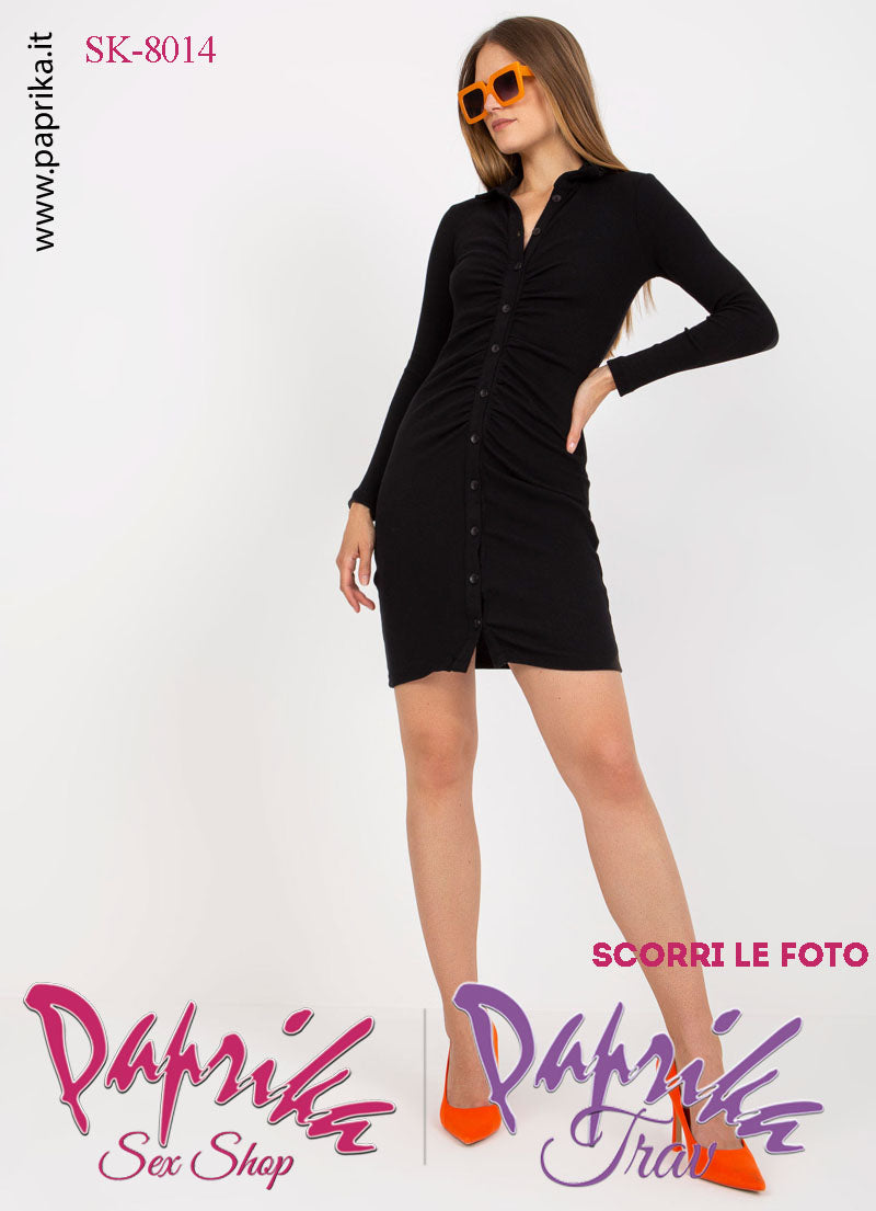 Abito Vestitino Sexy Corto Nero Maniche Lunghe Apribile Bottoni Anteriori