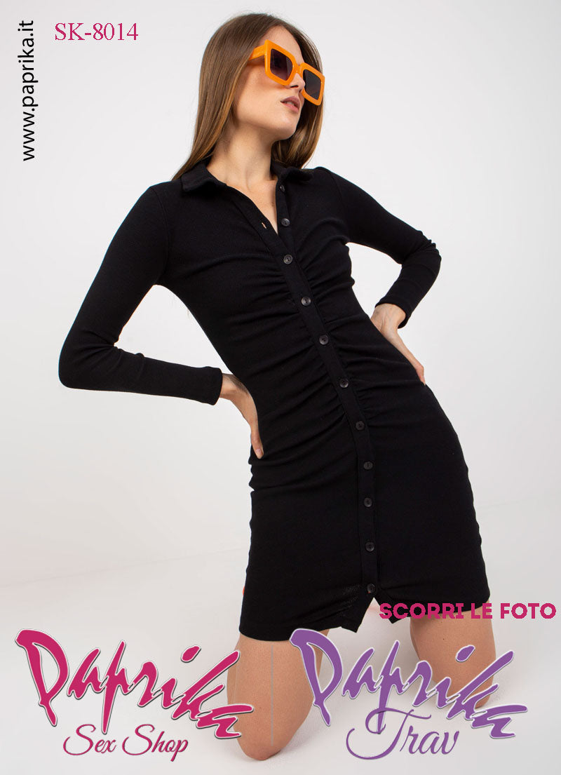Abito Vestitino Sexy Corto Nero Maniche Lunghe Apribile Bottoni Anteriori