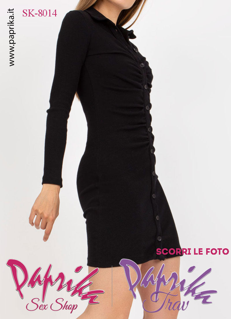 Abito Vestitino Sexy Corto Nero Maniche Lunghe Apribile Bottoni Anteriori