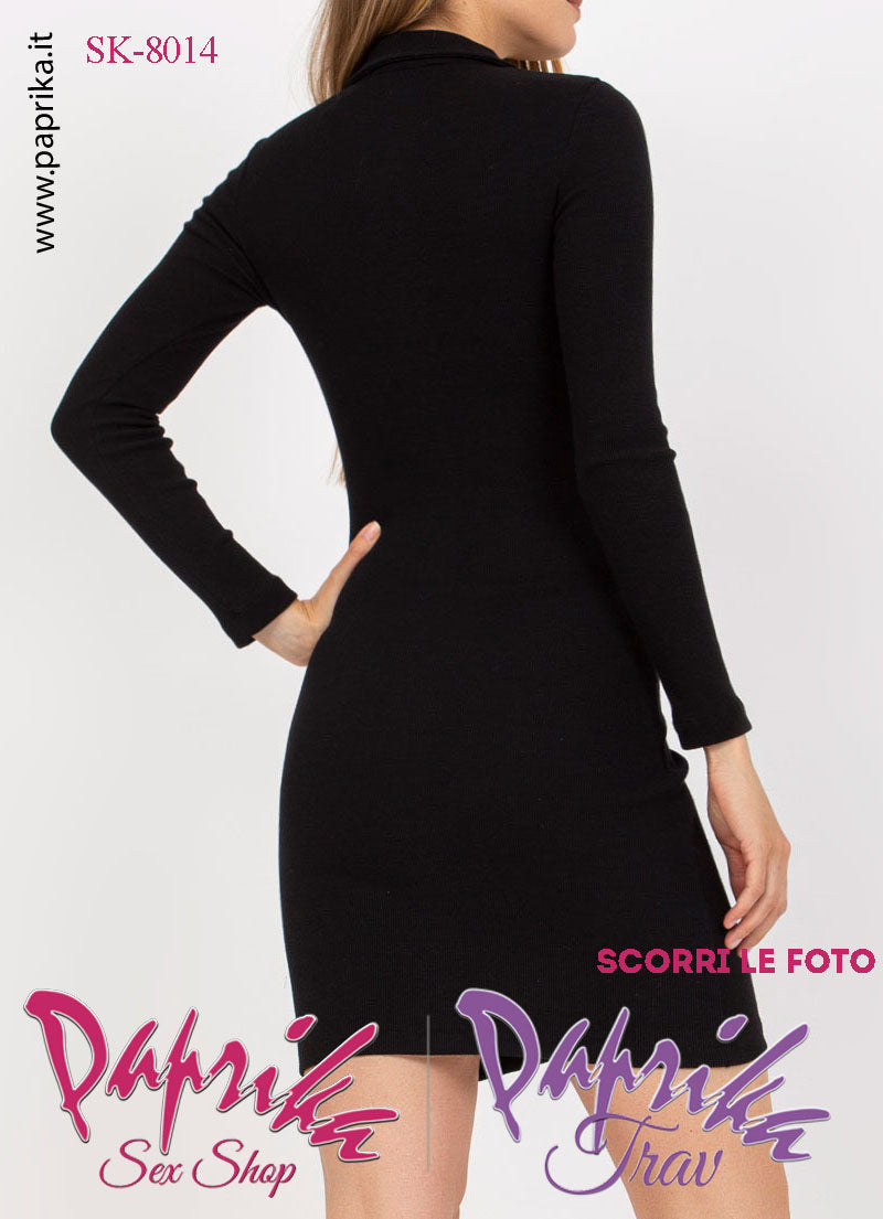 Abito Vestitino Sexy Corto Nero Maniche Lunghe Apribile Bottoni Anteriori