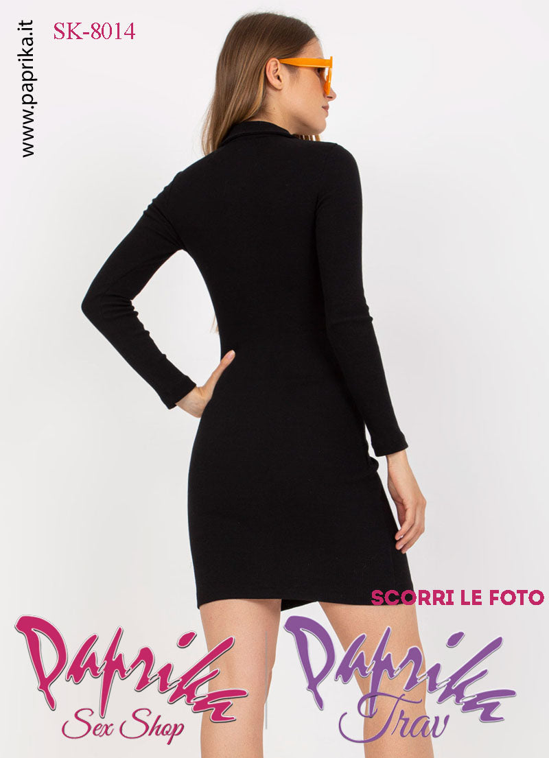 Abito Vestitino Sexy Corto Nero Maniche Lunghe Apribile Bottoni Anteriori