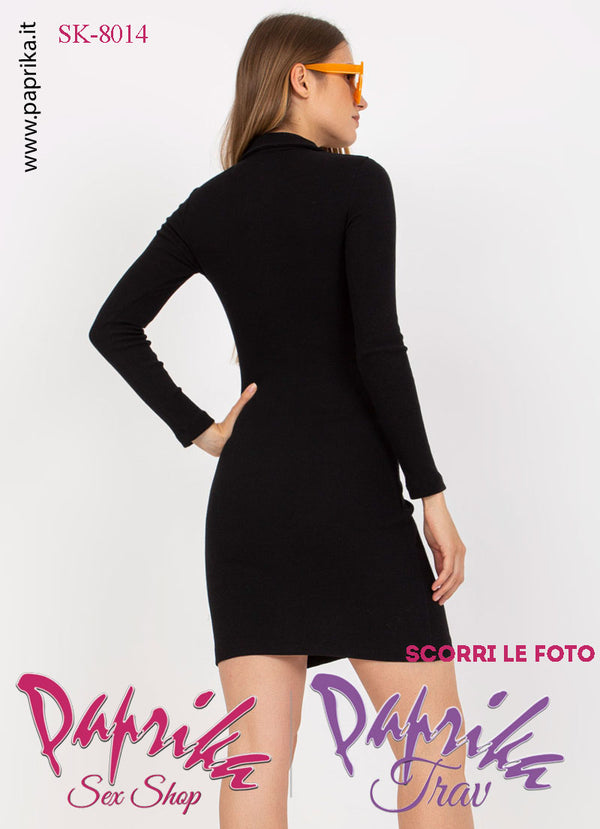 Abito Vestitino Sexy Corto Nero Maniche Lunghe Apribile Bottoni Anteriori