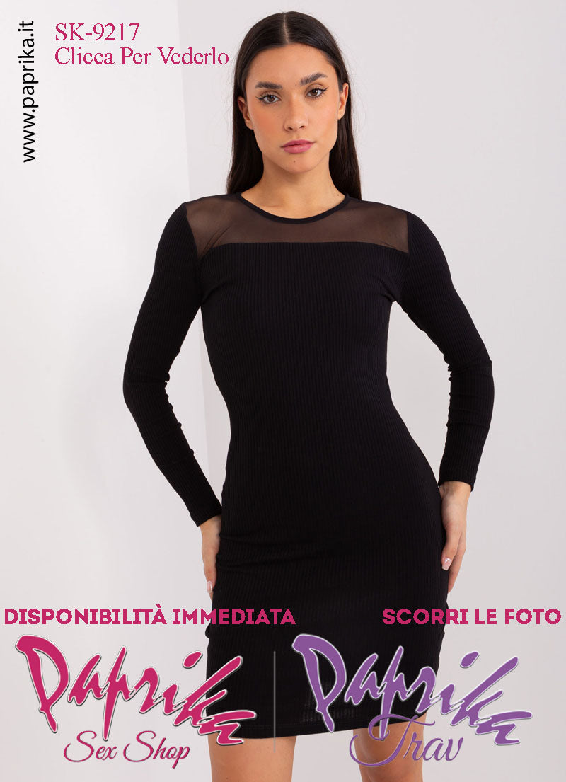 Abito Vestitino Sexy Corto Nero Maniche Lunghe Inserto Superiore Tulle