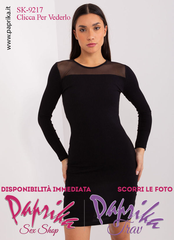 Abito Vestitino Sexy Corto Nero Maniche Lunghe Inserto Superiore Tulle