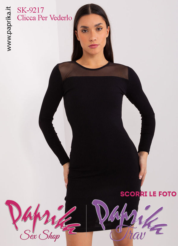 Abito Vestitino Sexy Corto Nero Maniche Lunghe Inserto Superiore Tulle