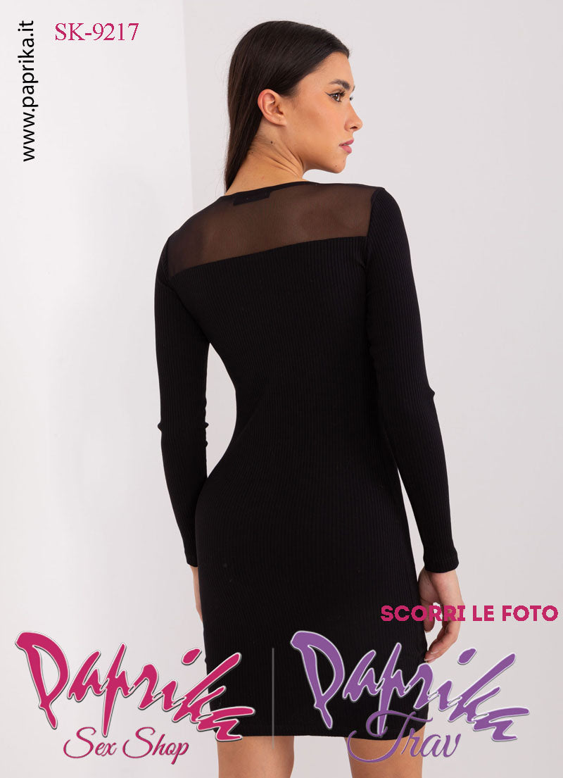 Abito Vestitino Sexy Corto Nero Maniche Lunghe Inserto Superiore Tulle
