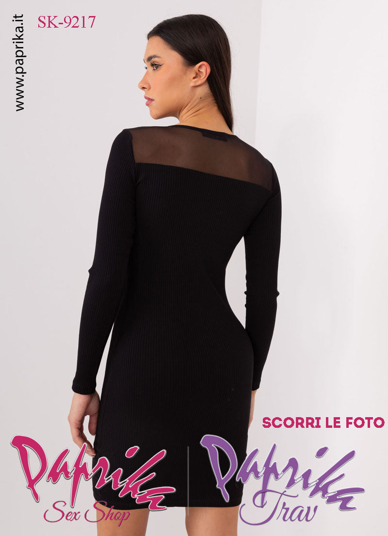 Abito Vestitino Sexy Corto Nero Maniche Lunghe Inserto Superiore Tulle
