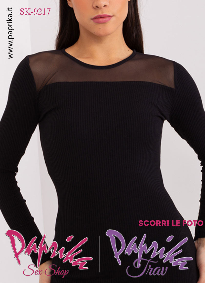 Abito Vestitino Sexy Corto Nero Maniche Lunghe Inserto Superiore Tulle