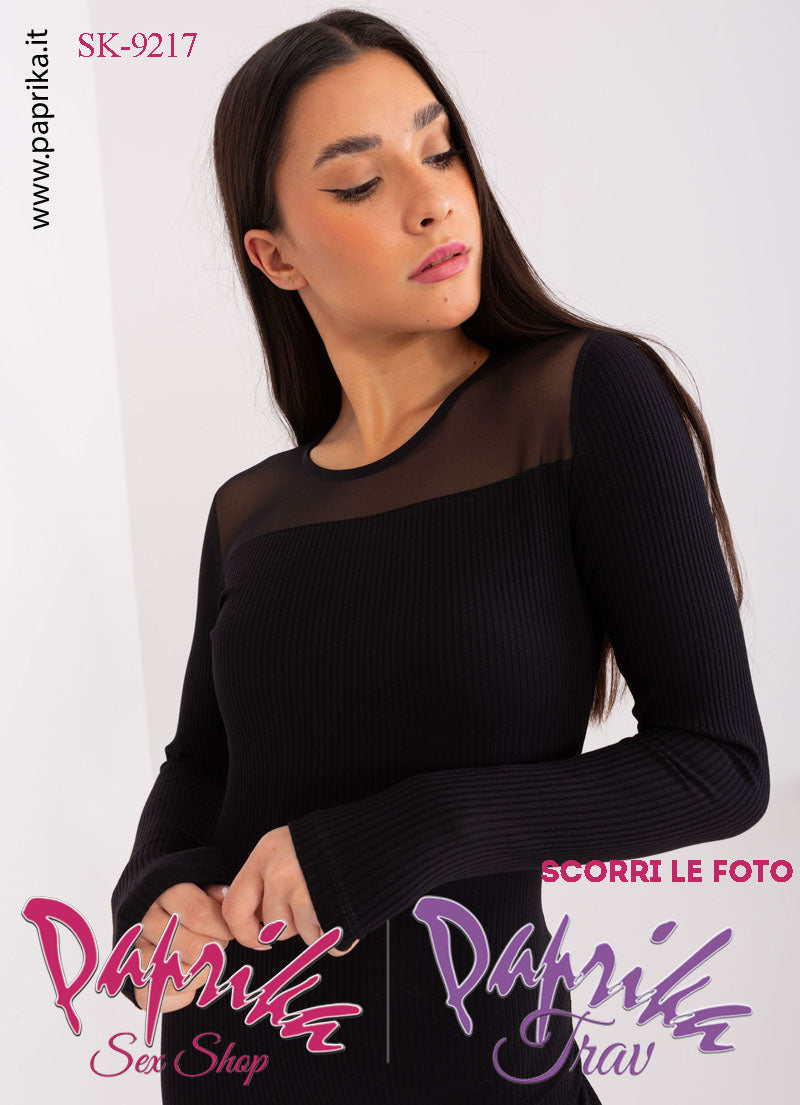 Abito Vestitino Sexy Corto Nero Maniche Lunghe Inserto Superiore Tulle