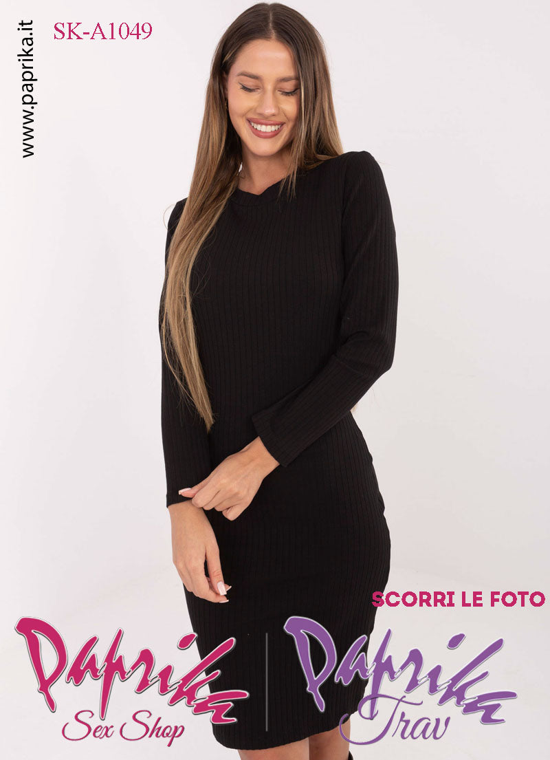 Abito Vestitino Sexy Corto Nero Maniche Lunghe Colletto Basso