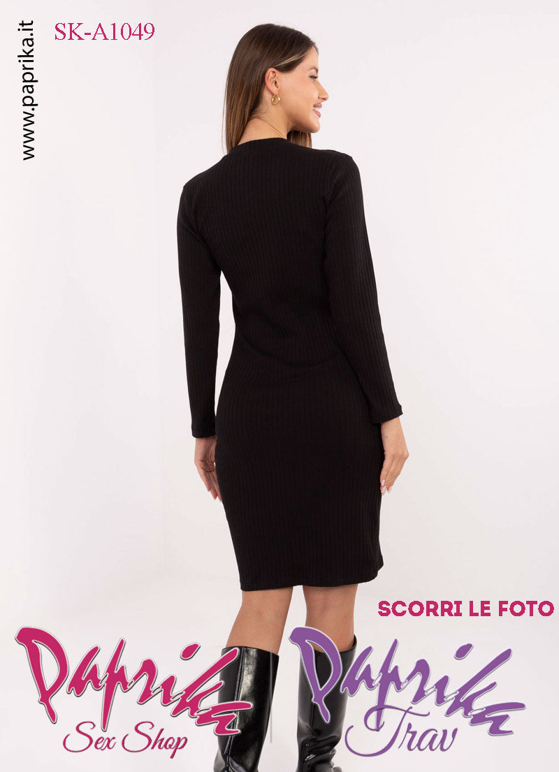 Abito Vestitino Sexy Corto Nero Maniche Lunghe Colletto Basso