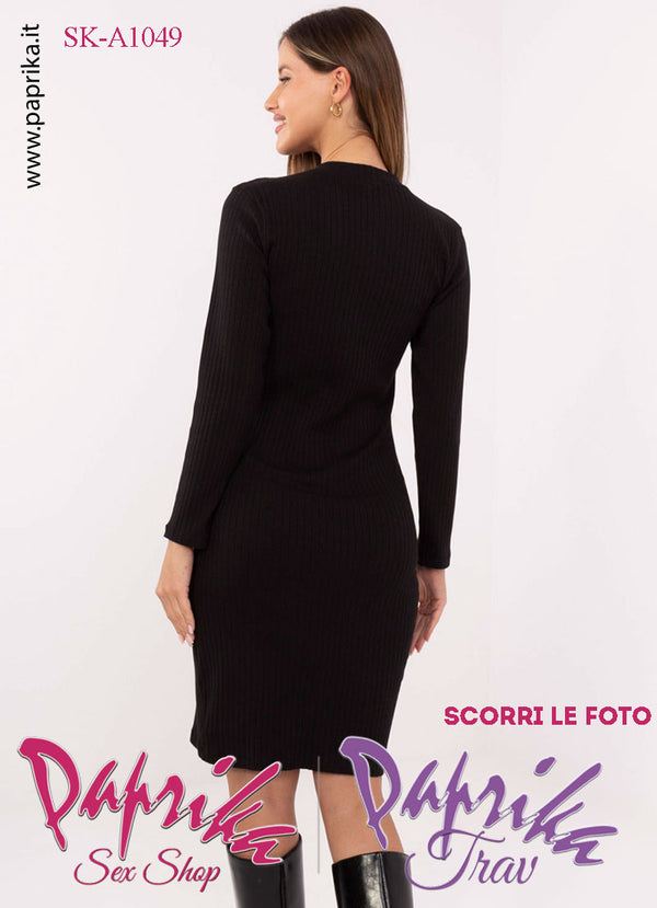 Abito Vestitino Sexy Corto Nero Maniche Lunghe Colletto Basso