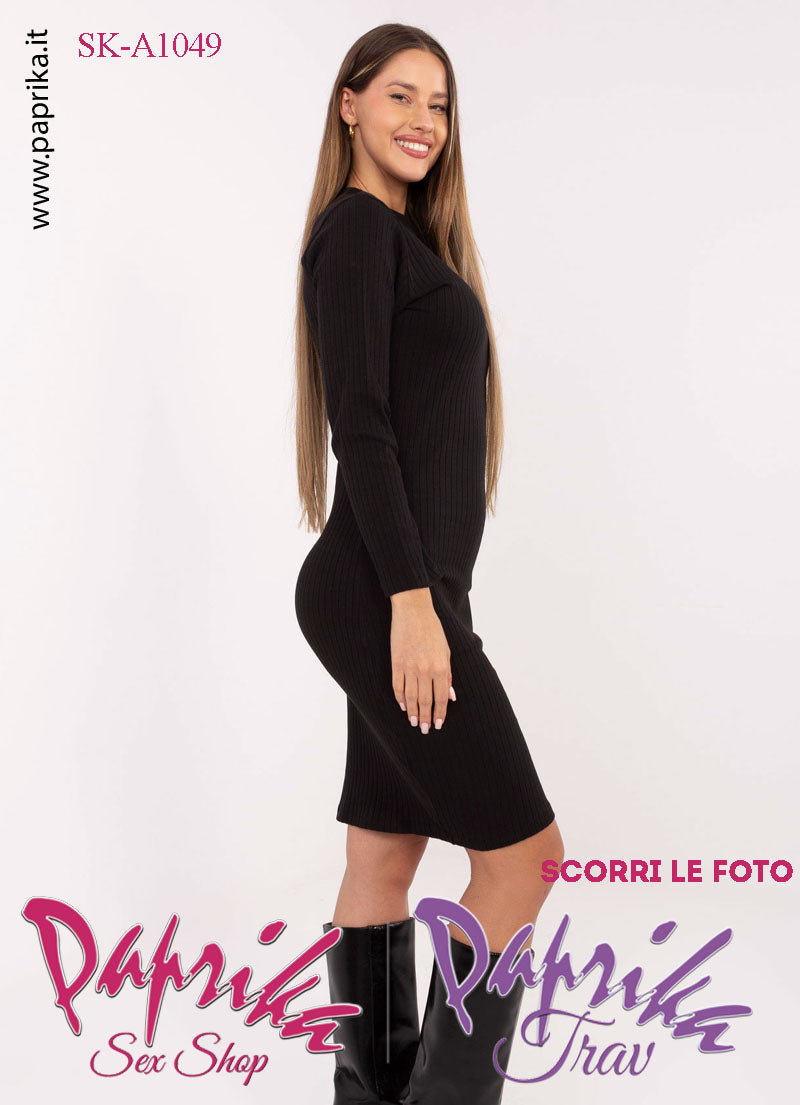 Abito Vestitino Sexy Corto Nero Maniche Lunghe Colletto Basso