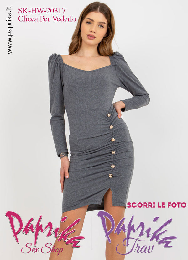 Abito Vestitino Sexy Corto Grigio Maniche Lunghe Spalline Sbuffo 6 Bottoni