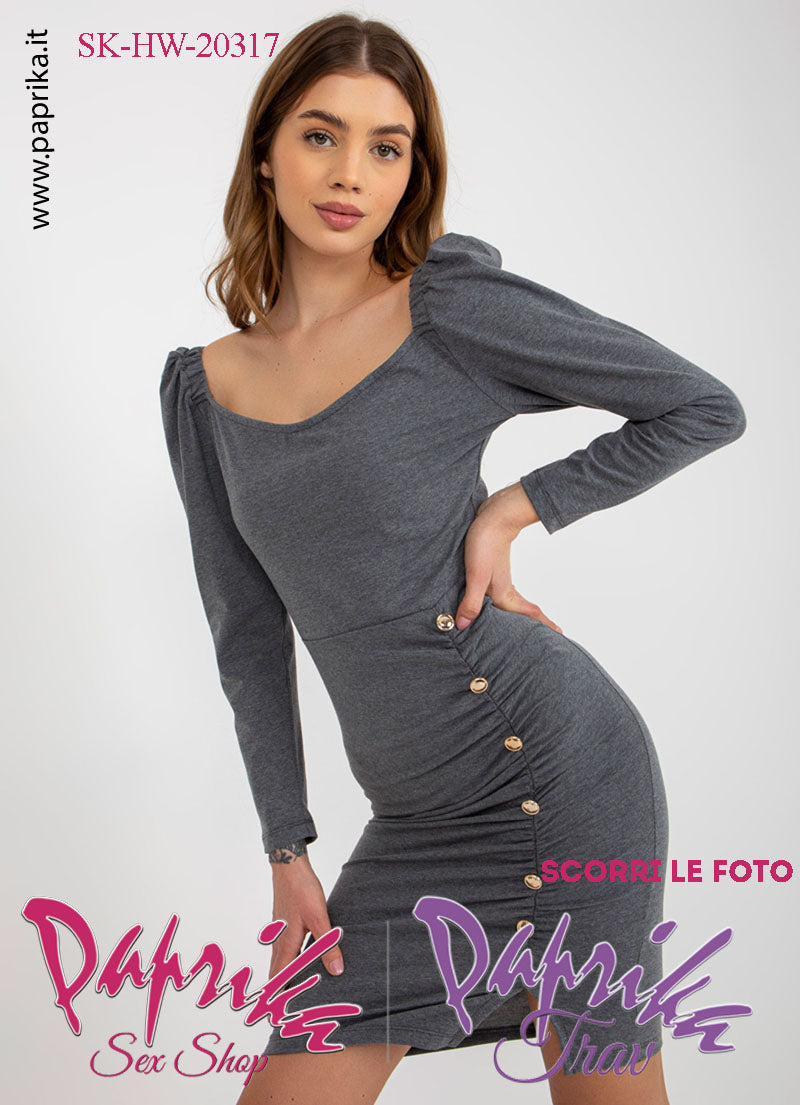 Abito Vestitino Sexy Corto Grigio Maniche Lunghe Spalline Sbuffo 6 Bottoni