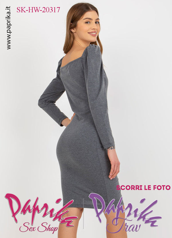 Abito Vestitino Sexy Corto Grigio Maniche Lunghe Spalline Sbuffo 6 Bottoni
