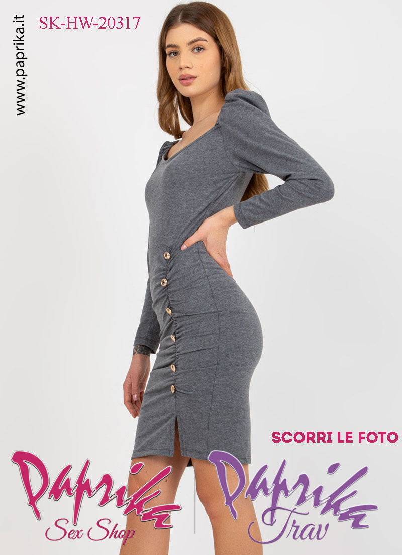 Abito Vestitino Sexy Corto Grigio Maniche Lunghe Spalline Sbuffo 6 Bottoni