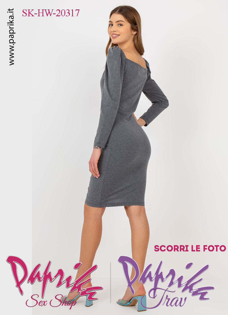 Abito Vestitino Sexy Corto Grigio Maniche Lunghe Spalline Sbuffo 6 Bottoni