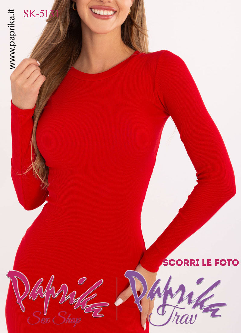Abito Vestitino Sexy Corto Rosso Maniche Lunghe Scollatura Rotonda