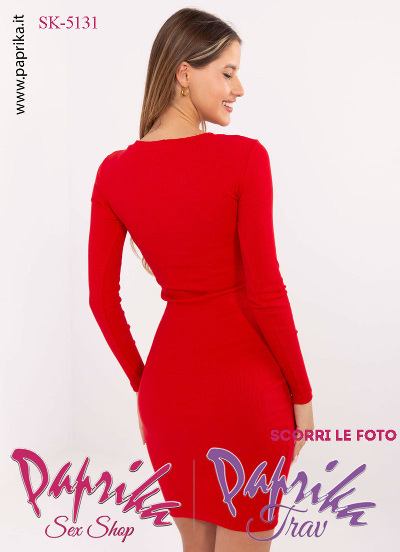 Abito Vestitino Sexy Corto Rosso Maniche Lunghe Scollatura Rotonda