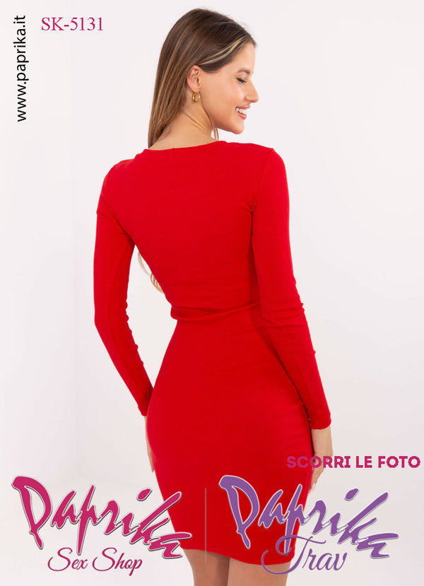 Abito Vestitino Sexy Corto Rosso Maniche Lunghe Scollatura Rotonda