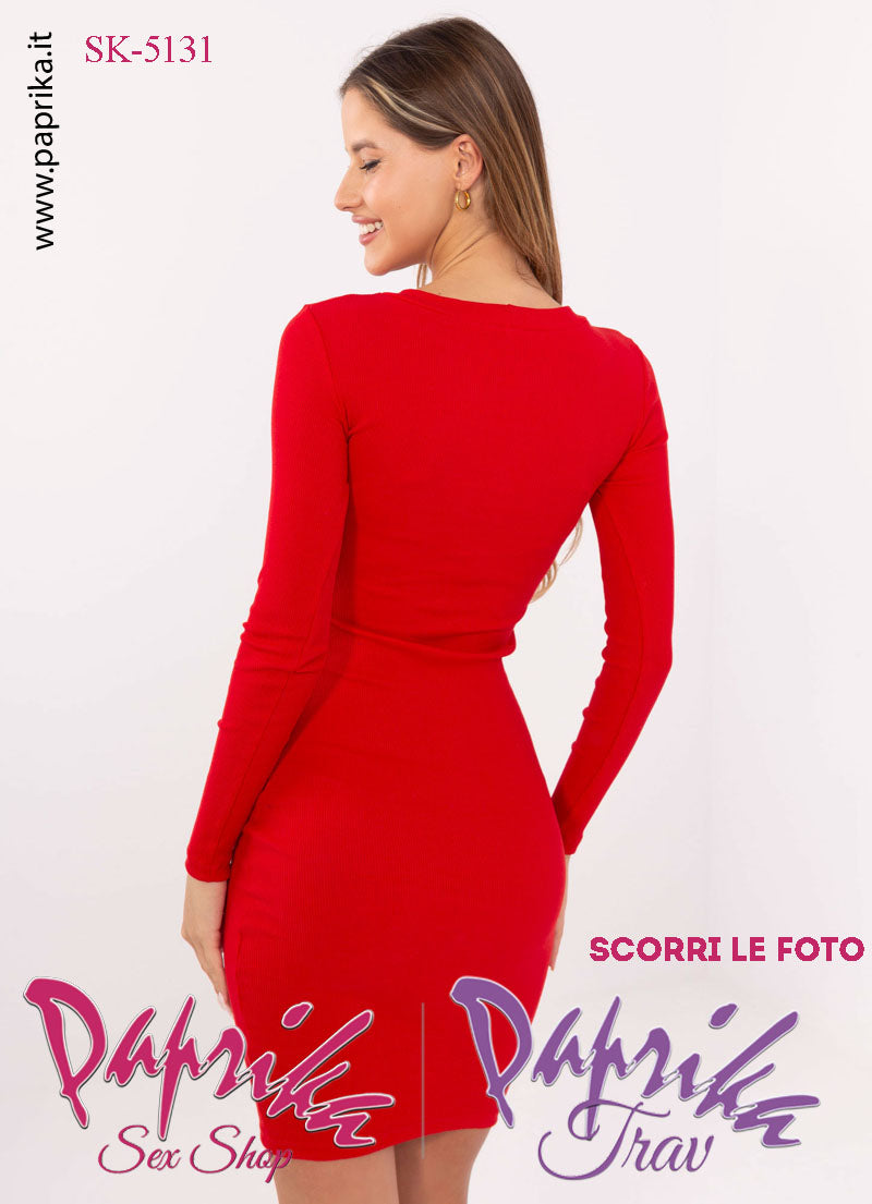 Abito Vestitino Sexy Corto Rosso Maniche Lunghe Scollatura Rotonda