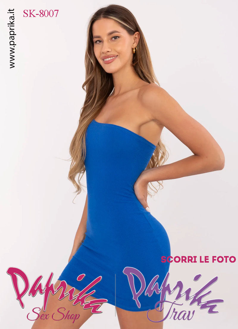 Abito Sexy Corto Blu Leggero Aderente Mono Spallina Larga