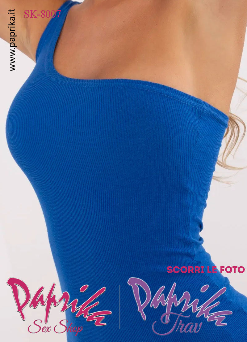 Abito Sexy Corto Blu Leggero Aderente Mono Spallina Larga
