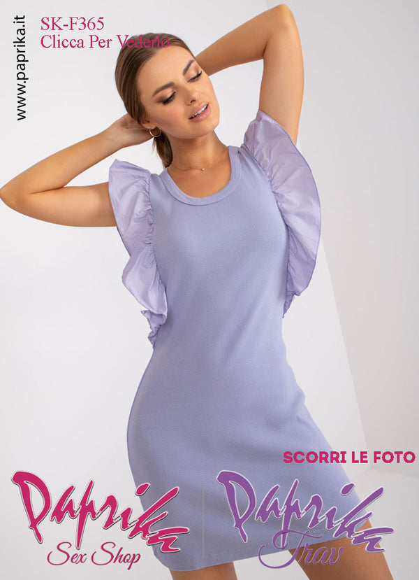 Abito Sexy Corto Violetto Leggero Aderente Volant Grande Contorno Spalle