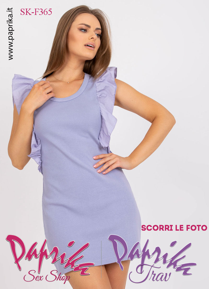 Abito Sexy Corto Violetto Leggero Aderente Volant Grande Contorno Spalle