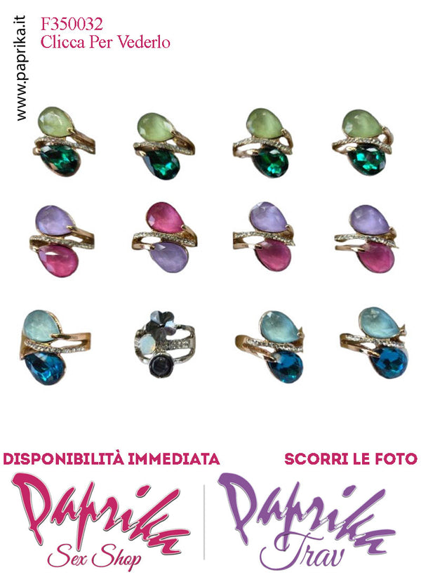 Anello Metallo Elasticizzato Due Strass Goccia Colori Chiari Grandi