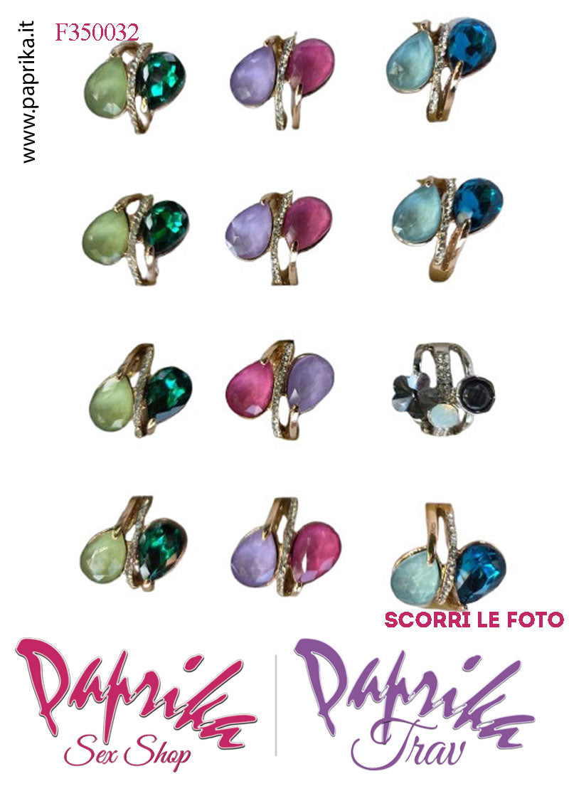 Anello Metallo Elasticizzato Due Strass Goccia Colori Chiari Grandi