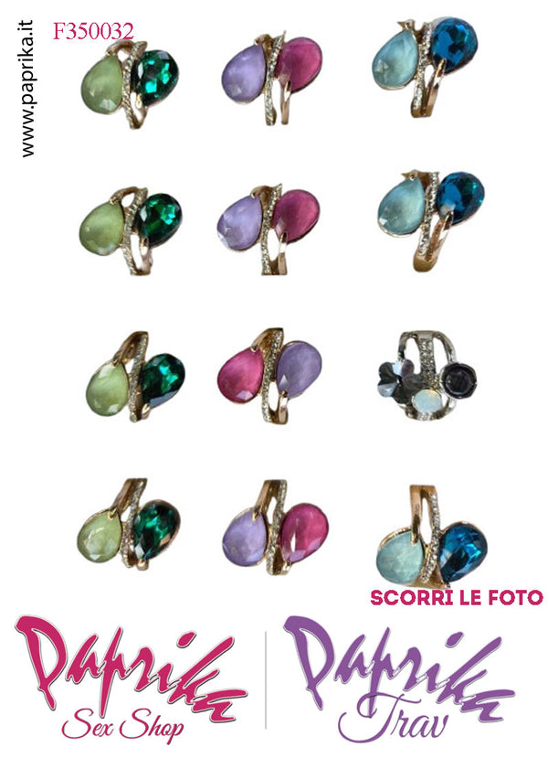 Anello Metallo Elasticizzato Due Strass Goccia Colori Chiari Grandi