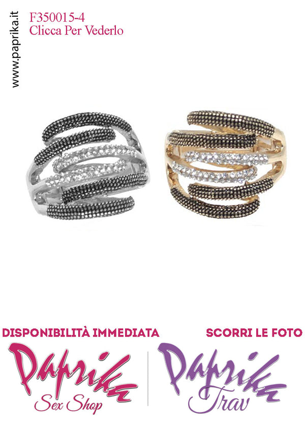 Anello Metallo Elasticizzato Sei Strisce Sottili Strass Trasparenti Bronzo