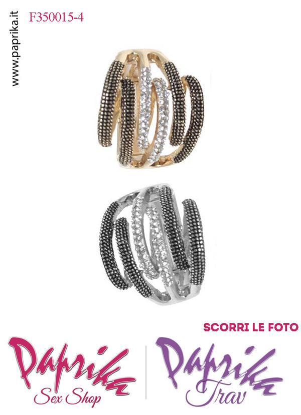 Anello Metallo Elasticizzato Sei Strisce Sottili Strass Trasparenti Bronzo