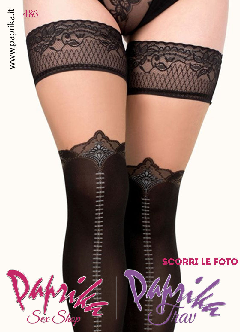 Autoreggenti Nere Coprenti Velate Disegno Lurex Finta Cerniera XXL Curvy