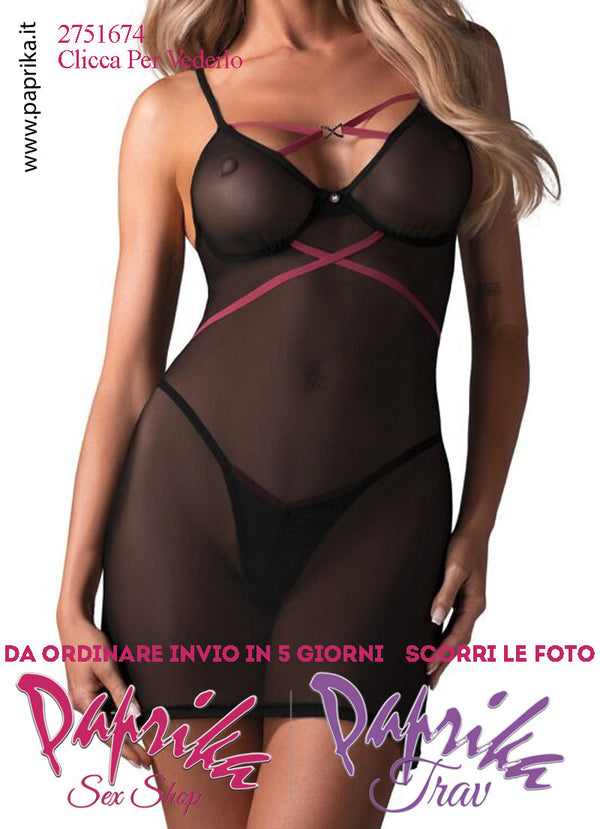 Baby Doll Chemise Sexy Aderente Tulle Trasparente Incroci Rosa Perizoma