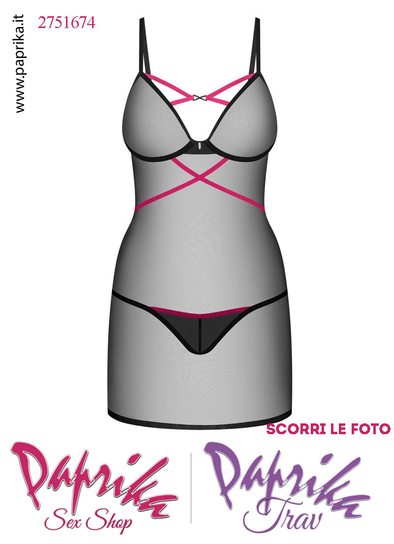 Baby Doll Chemise Sexy Aderente Tulle Trasparente Incroci Rosa Perizoma