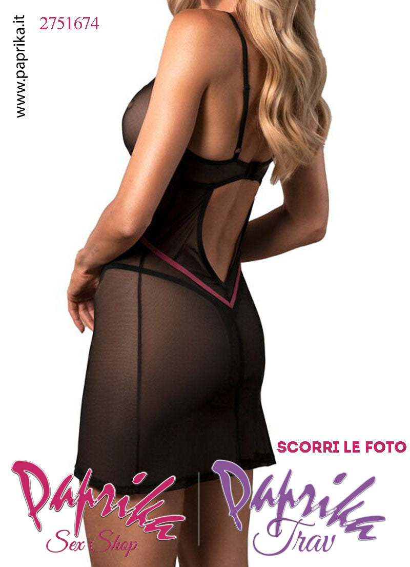 Baby Doll Chemise Sexy Aderente Tulle Trasparente Incroci Rosa Perizoma