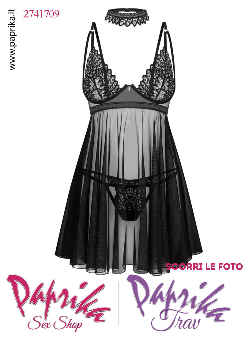 Baby Doll Chemise Sexy Svasato Tulle Pizzo Ferretto Perizoma Collarino