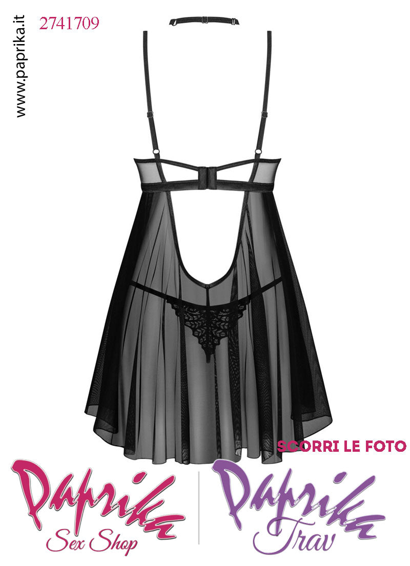 Baby Doll Chemise Sexy Svasato Tulle Pizzo Ferretto Perizoma Collarino