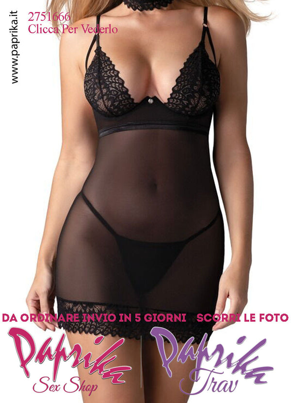 Baby Doll Chemise Sexy Aderente Tulle Pizzo Ferretto Perizoma Collarino