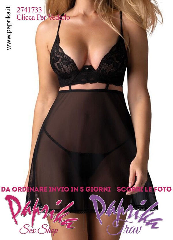 Baby Doll Chemise Sexy Svasato Tulle Pizzo Ferretto Perizoma