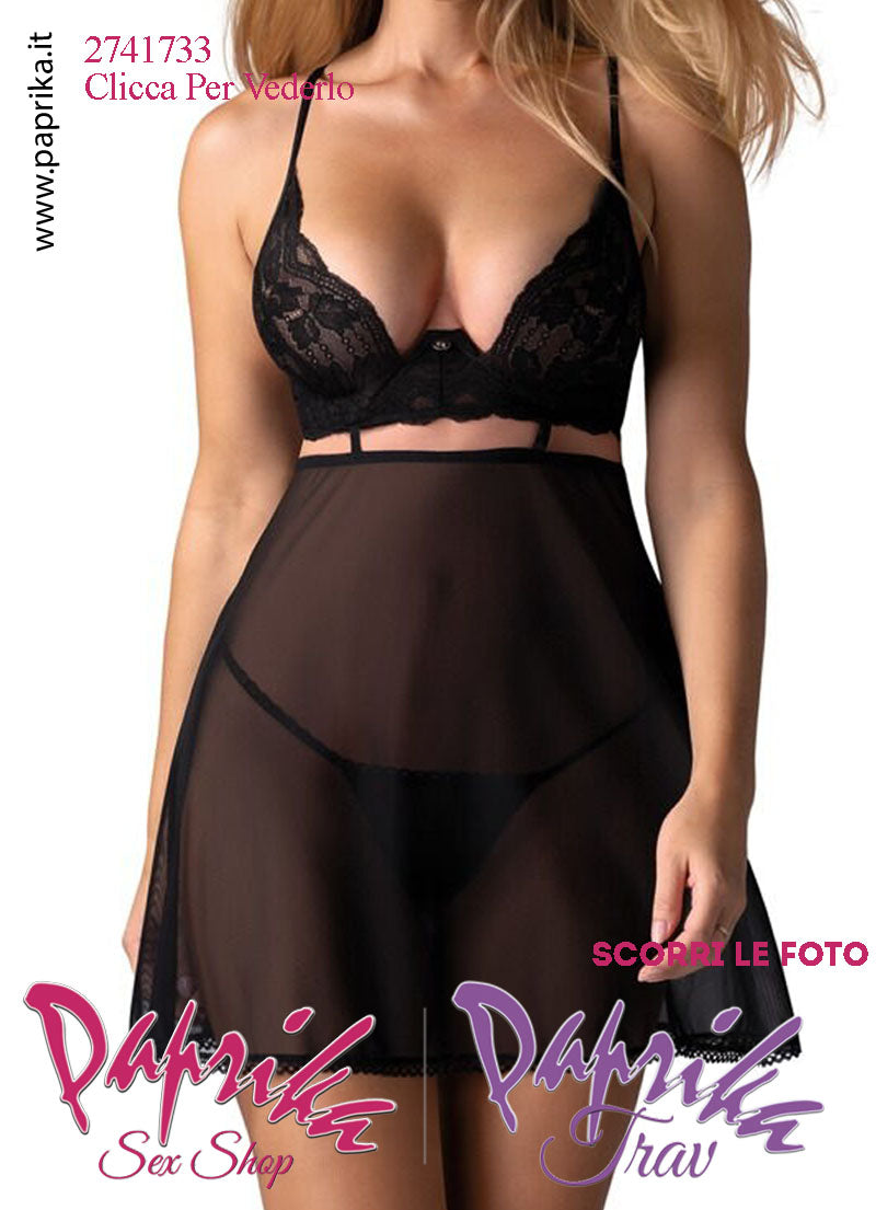 Baby Doll Chemise Sexy Svasato Tulle Pizzo Ferretto Perizoma