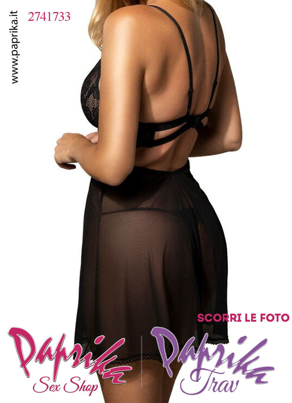 Baby Doll Chemise Sexy Svasato Tulle Pizzo Ferretto Perizoma