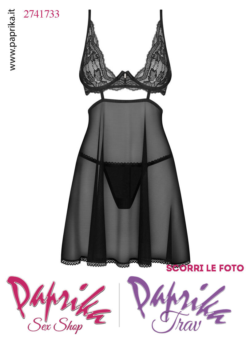 Baby Doll Chemise Sexy Svasato Tulle Pizzo Ferretto Perizoma